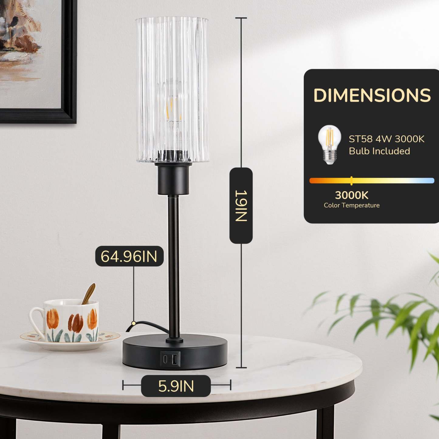 EDISHINE Dimmable Glass Table Lamp,Touch Control,USB Ports,Black-HLTL08E