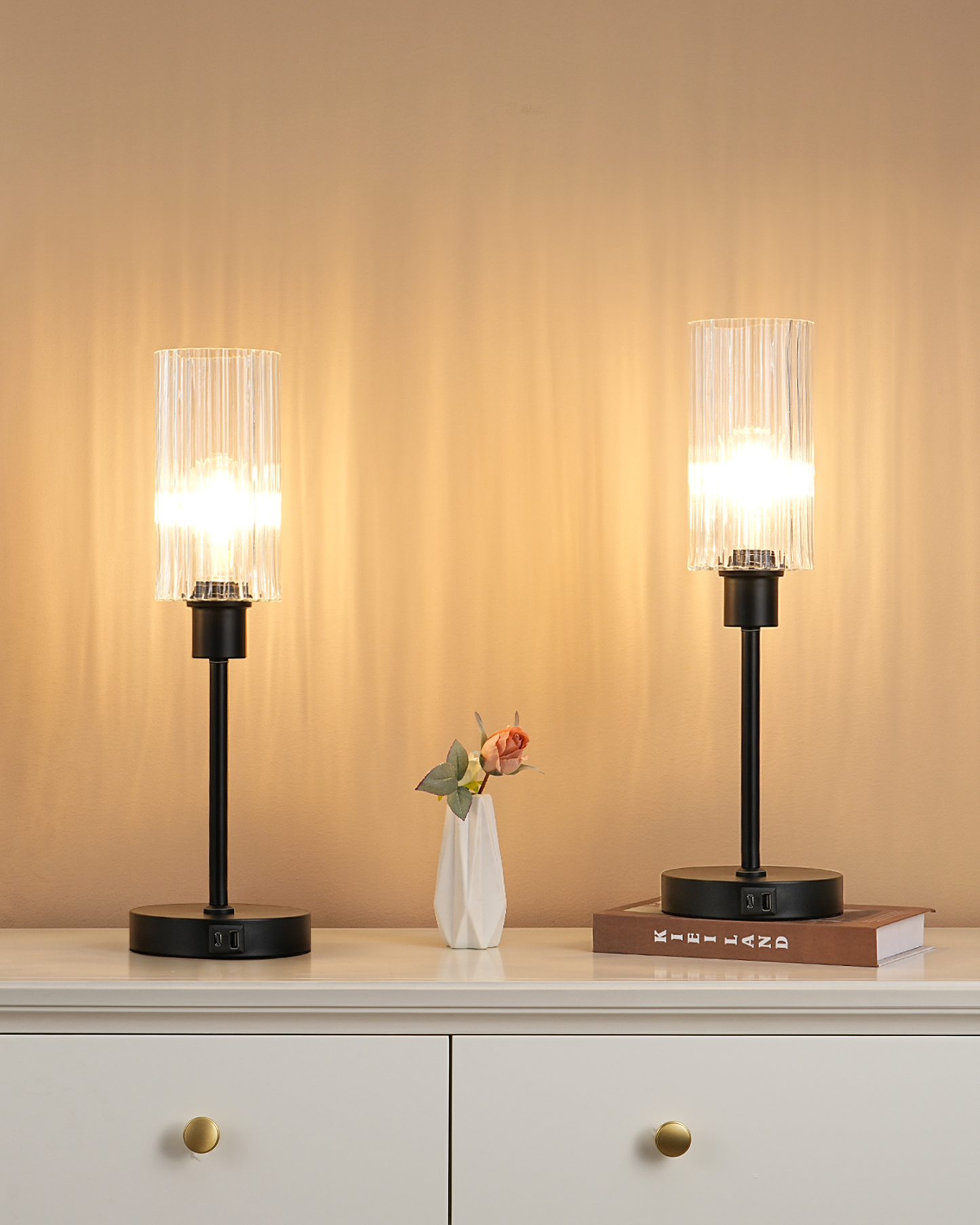 EDISHINE 2 Pack Dimmable Glass Table Lamp,Touch Control,USB Ports,Black-ZHLTL08E2