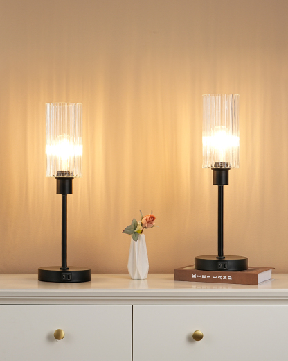 EDISHINE 2 Pack Dimmable Glass Table Lamp,Touch Control,USB Ports,Black-ZHLTL08E2