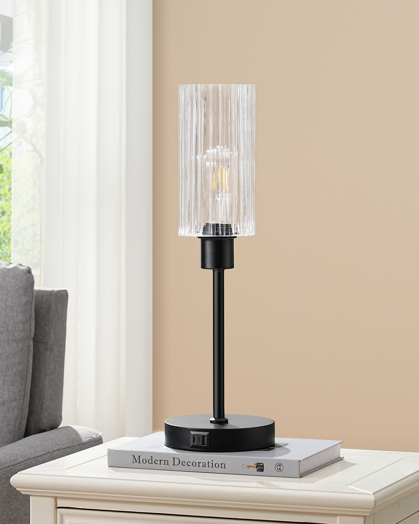 EDISHINE Dimmable Glass Table Lamp,Touch Control,USB Ports,Black-HLTL08E