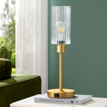 EDISHINE Dimmable Glass Table Lamp,Touch Control,USB Ports,Gold-HLTL08F