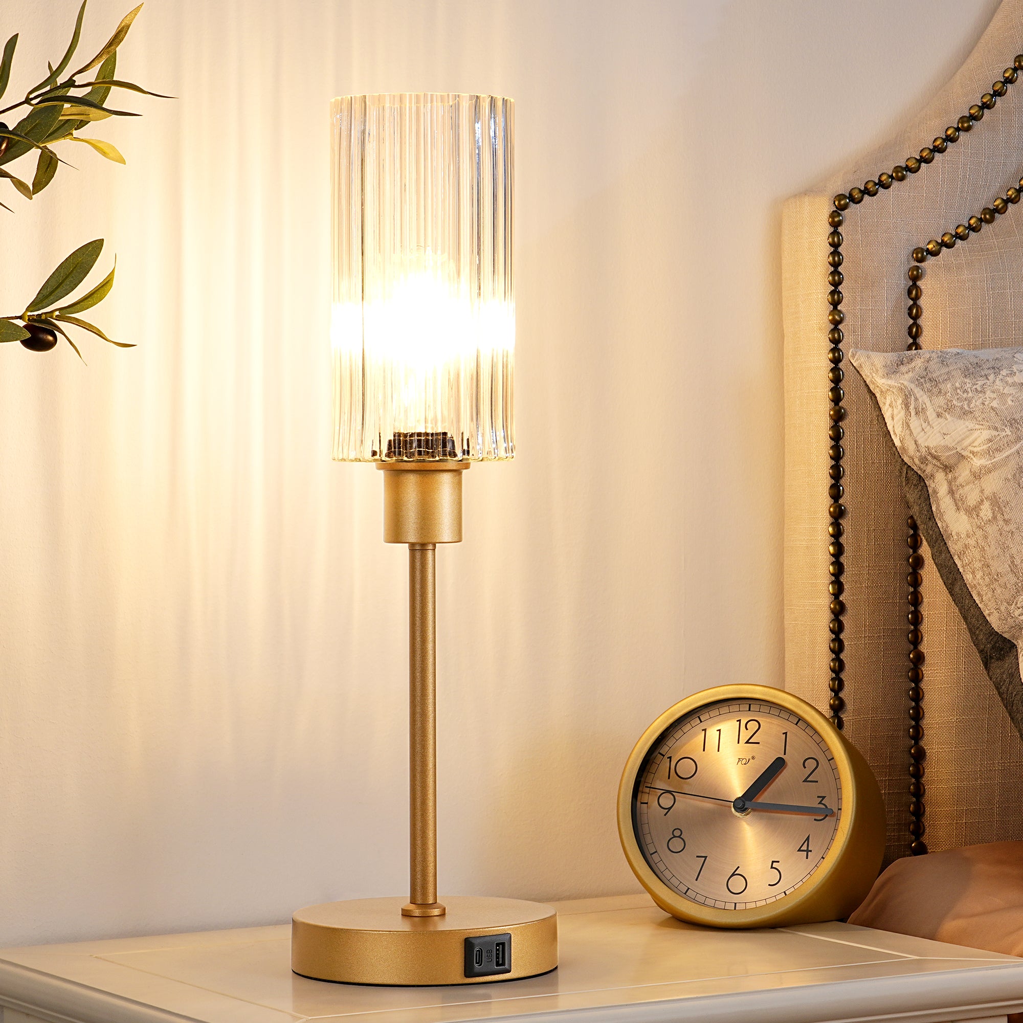 EDISHINE Dimmable Glass Table Lamp,Touch Control,USB Ports,Gold-HLTL08F