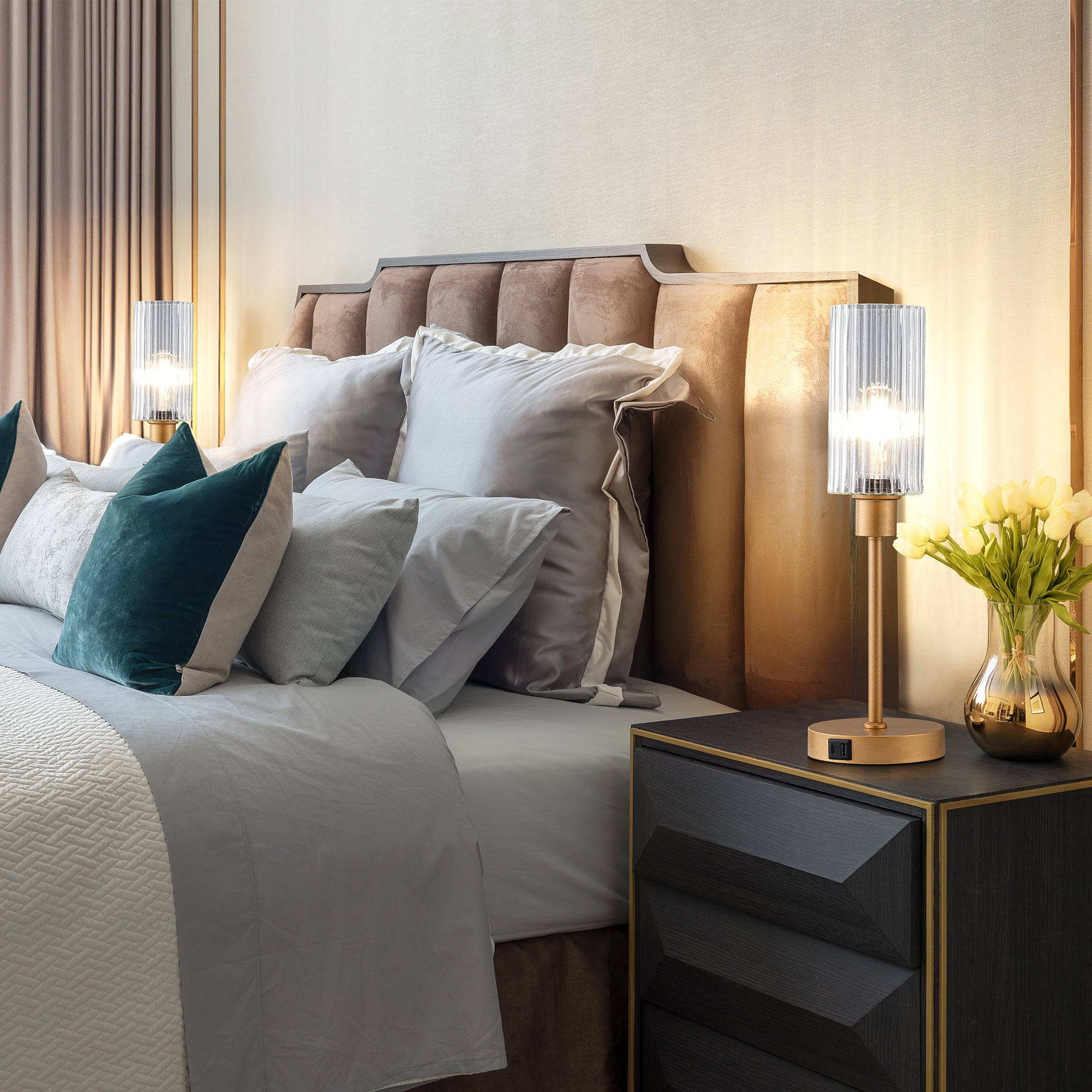 EDISHINE Dimmable Glass Table Lamp,Touch Control,USB Ports,Gold-HLTL08F