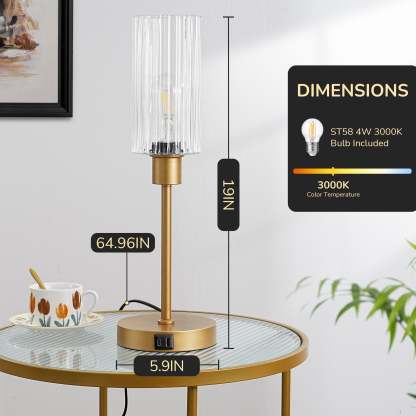 EDISHINE Dimmable Glass Table Lamp,Touch Control,USB Ports,Gold-HLTL08F