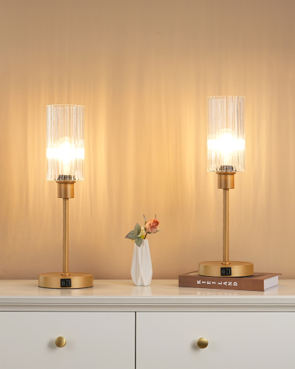 EDISHINE 2 Pack Dimmable Glass Table Lamp,Touch Control,USB Ports,Gold-ZHLTL08F2