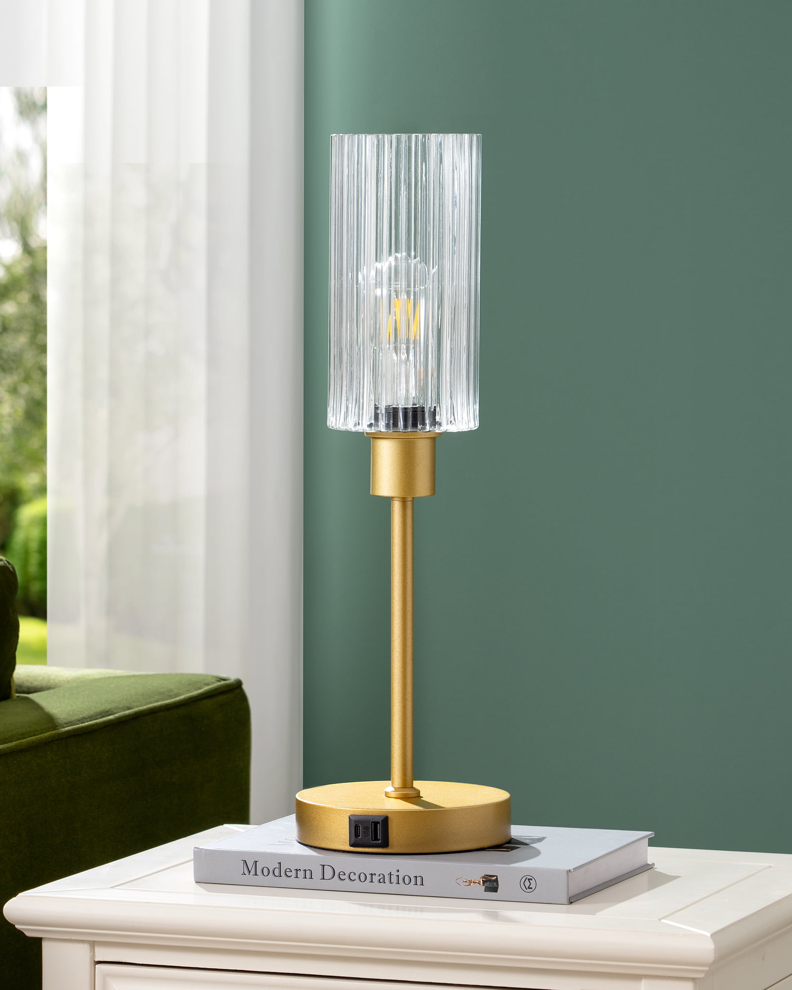 EDISHINE Dimmable Glass Table Lamp,Touch Control,USB Ports,Gold-HLTL08F