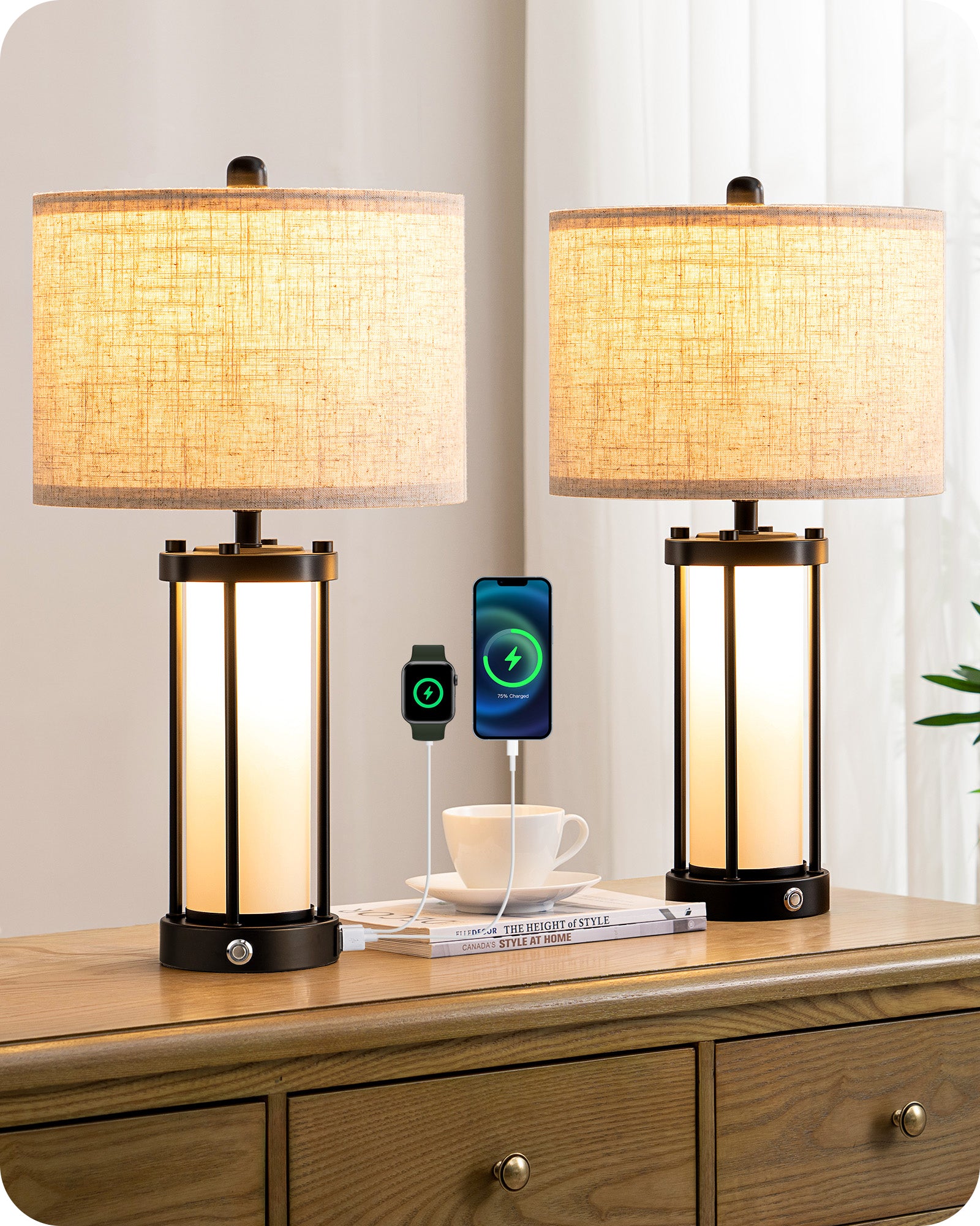 EDISHINE 22.44" 3 Way Dimmable Touch Control Table Lamps with Night Light (2 Pack)-HLTL09A-B2B