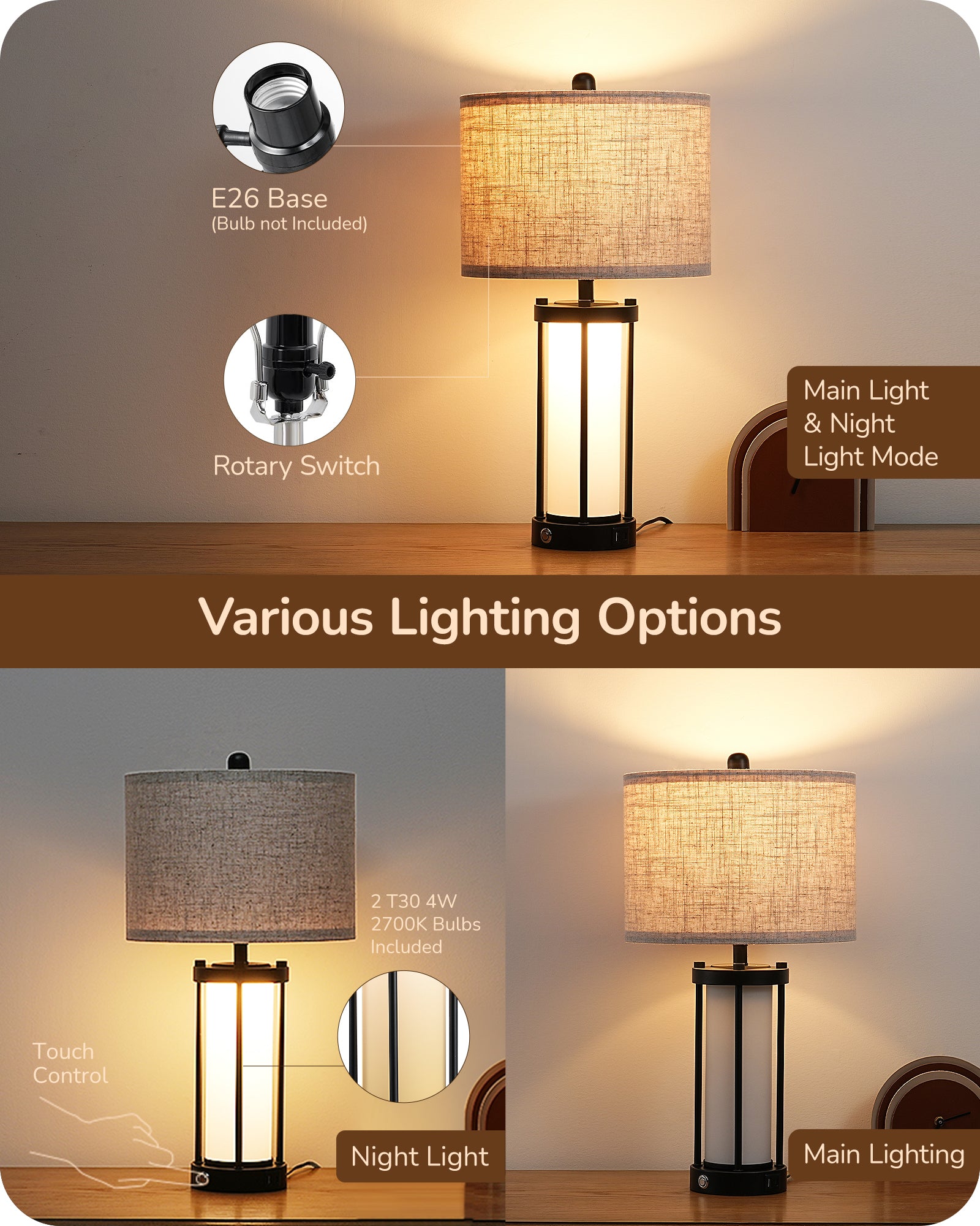 EDISHINE 22.44" 3 Way Dimmable Touch Control Table Lamps with Night Light (2 Pack)-HLTL09A-B2B