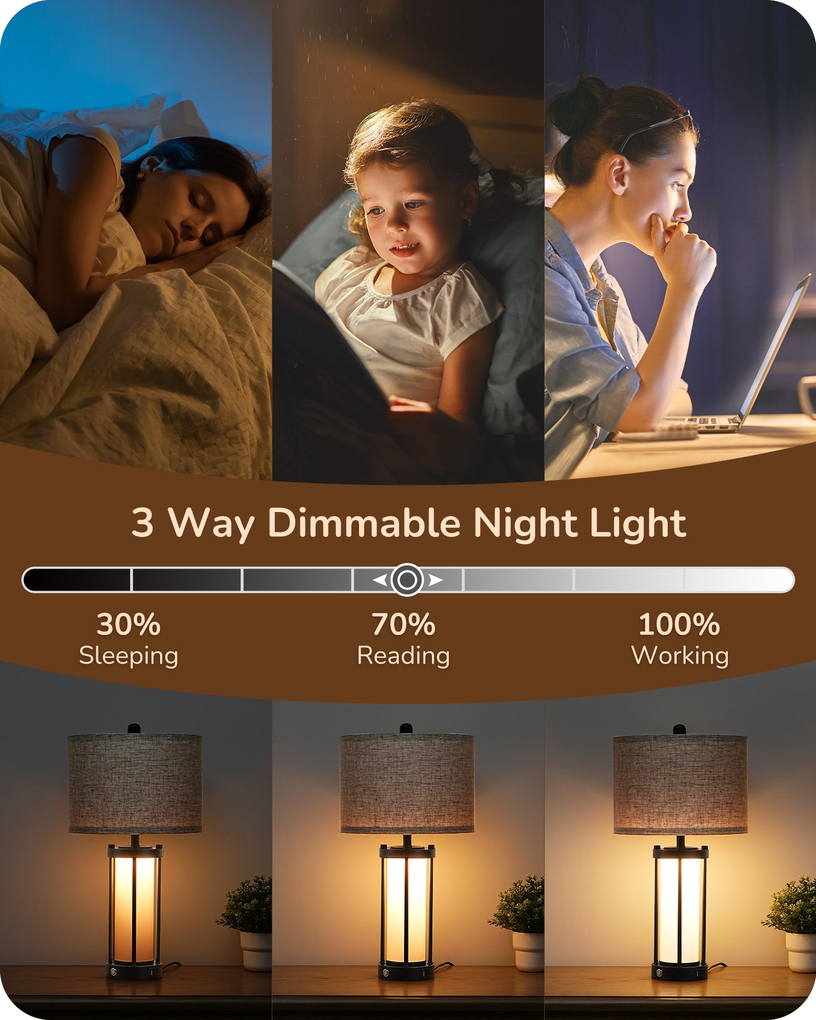 EDISHINE 22.44" 3 Way Dimmable Touch Control Table Lamps with Night Light (2 Pack)-HLTL09A-B2B