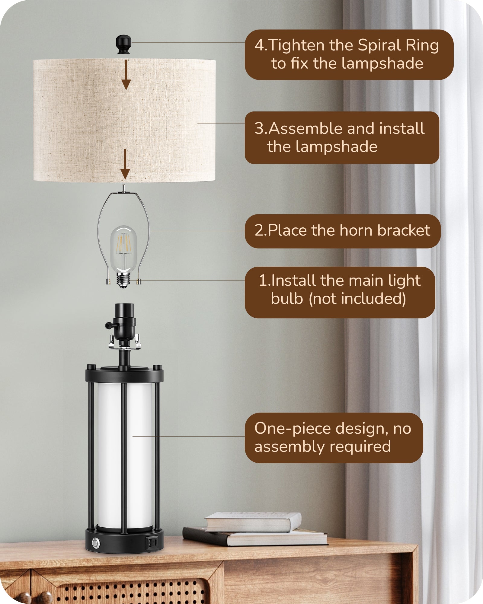 EDISHINE 22.44" 3 Way Dimmable Touch Control Table Lamps with Night Light (2 Pack)-HLTL09A-B2B