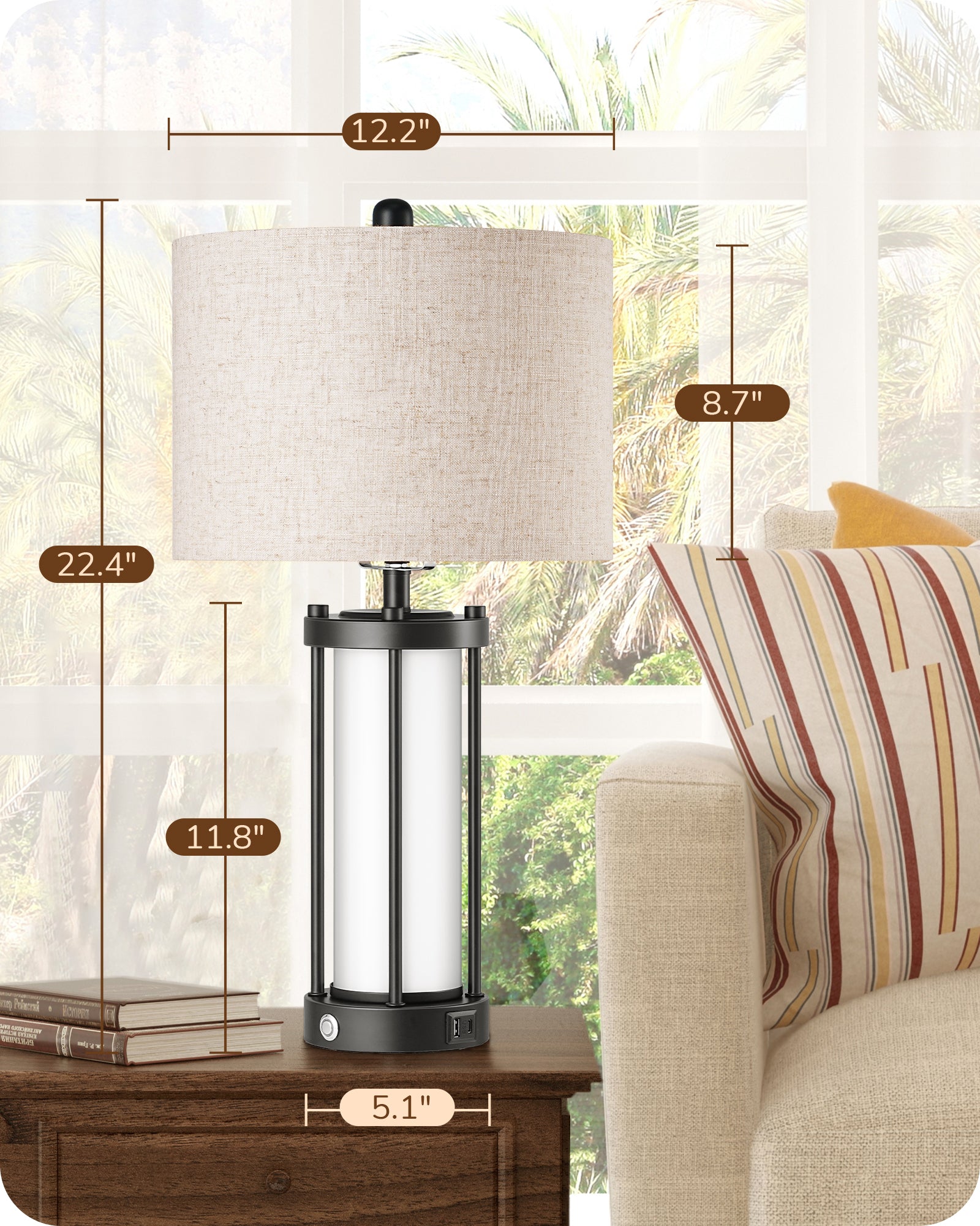 EDISHINE 22.44" 3 Way Dimmable Touch Control Table Lamps with Night Light (2 Pack)-HLTL09A-B2B