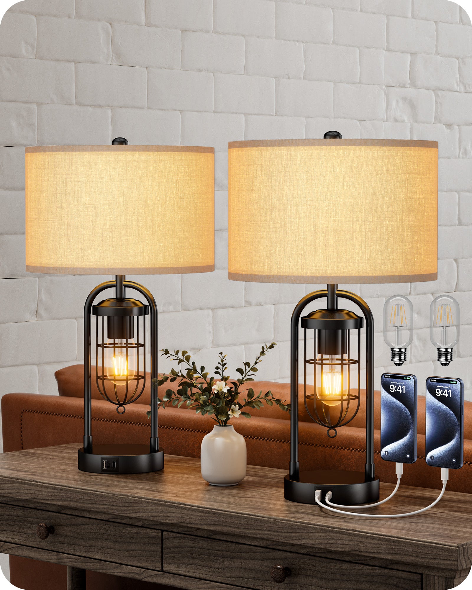 EDISHINE 22.84" 3 Way Dimmable Farmhouse Table Lamp with Night Light (2Pack)-HLTL09B