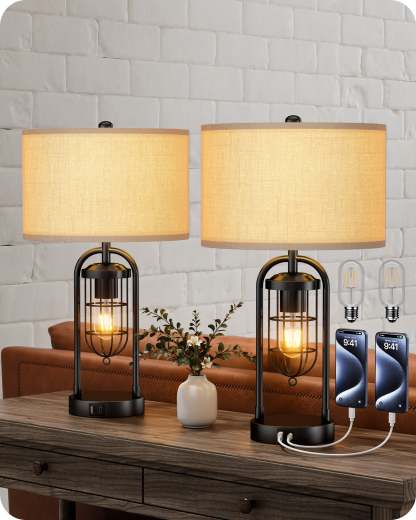 EDISHINE 22.84" 3 Way Dimmable Farmhouse Table Lamp with Night Light (2Pack)-HLTL09B
