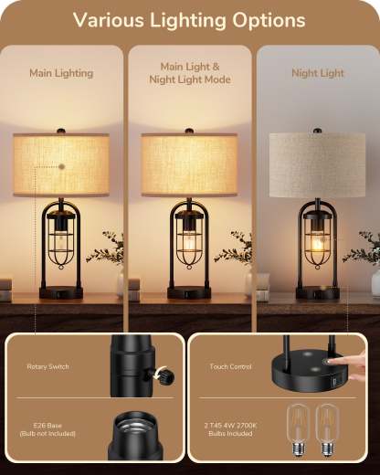 EDISHINE 22.84" 3 Way Dimmable Farmhouse Table Lamp with Night Light (2Pack)-HLTL09B