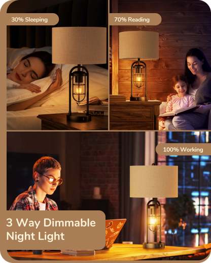 EDISHINE 22.84" 3 Way Dimmable Farmhouse Table Lamp with Night Light (2Pack)-HLTL09B