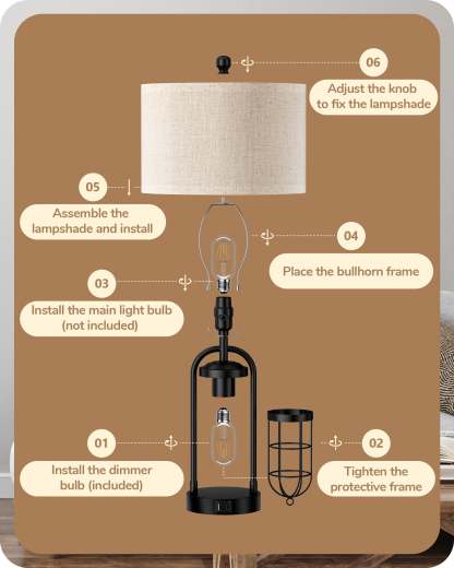 EDISHINE 22.84" 3 Way Dimmable Farmhouse Table Lamp with Night Light (2Pack)-HLTL09B