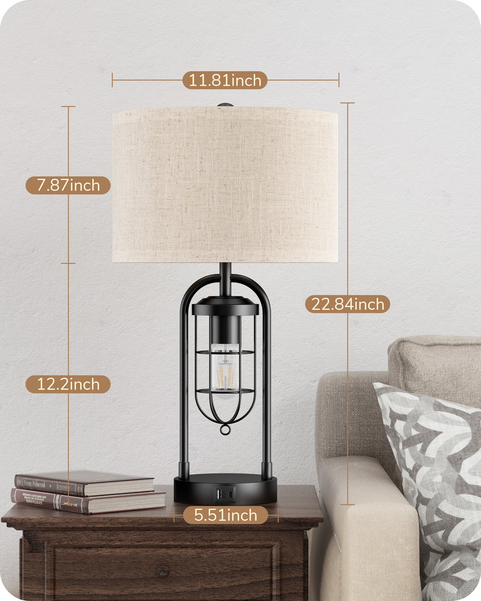 EDISHINE 22.84" 3 Way Dimmable Farmhouse Table Lamp with Night Light (2Pack)-HLTL09B
