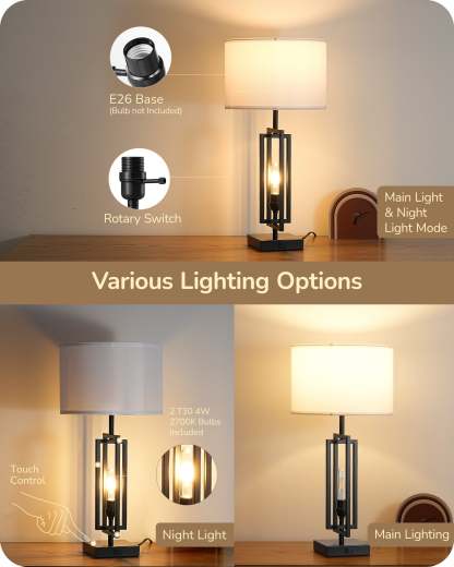 EDISHINE 25.6" 3-Way Dimmable Farmhouse Table Lamp with Night Light (2 Pack)-HLTL09C