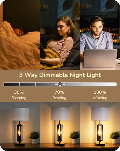 EDISHINE 25.6" 3-Way Dimmable Farmhouse Table Lamp with Night Light (2 Pack)-HLTL09C