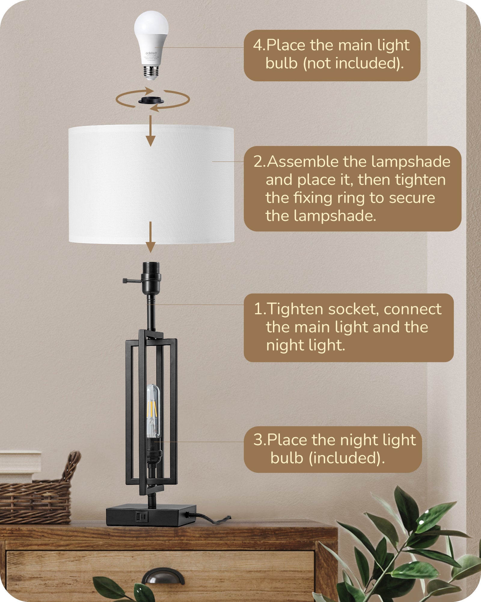 EDISHINE 25.6" 3-Way Dimmable Farmhouse Table Lamp with Night Light (2 Pack)-HLTL09C