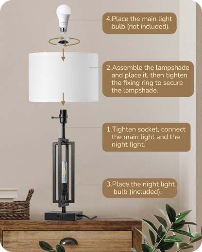 EDISHINE 25.6" 3-Way Dimmable Farmhouse Table Lamp with Night Light (2 Pack)-HLTL09C