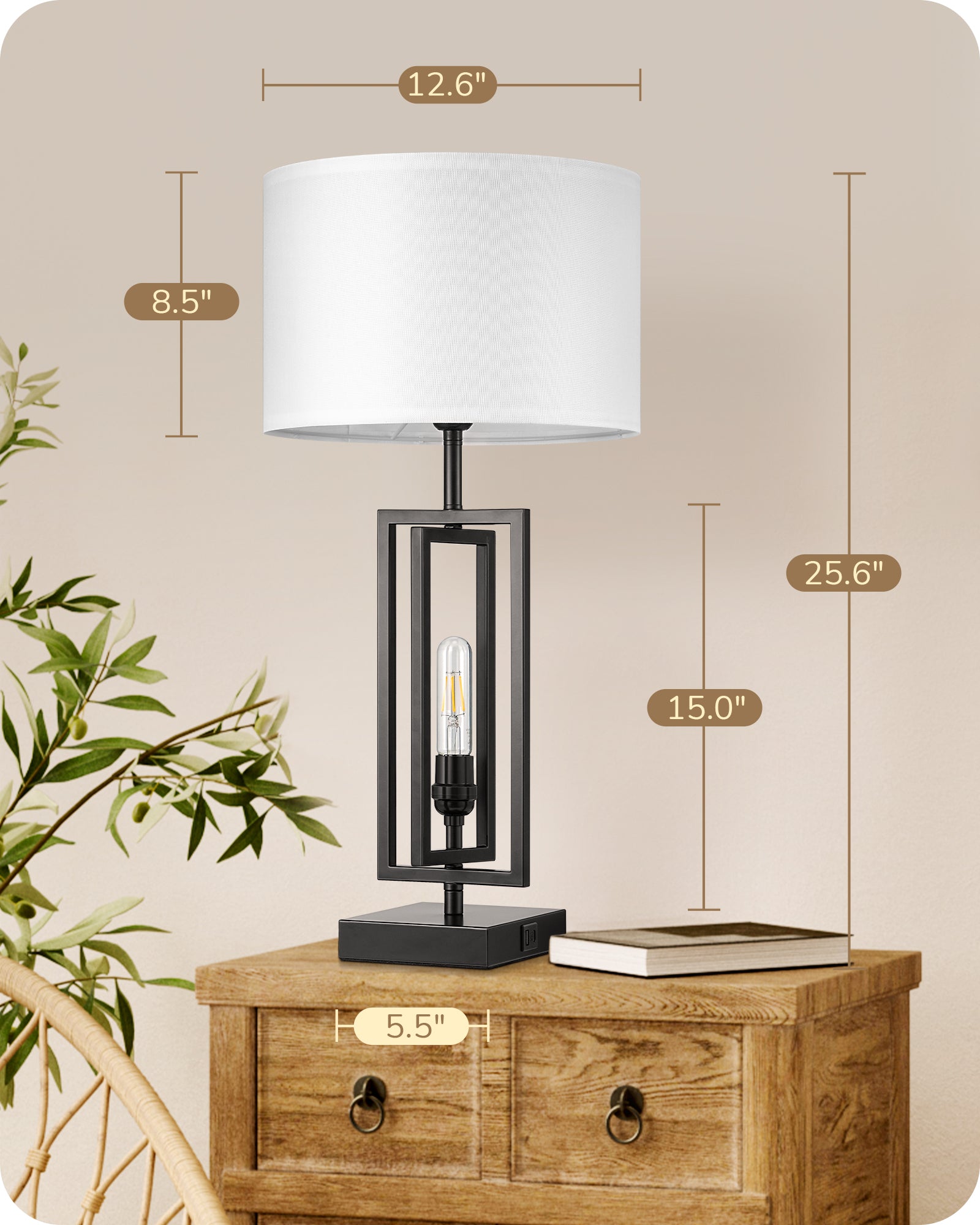 EDISHINE 25.6" 3-Way Dimmable Farmhouse Table Lamp with Night Light (2 Pack)-HLTL09C