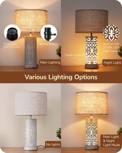 EDISHINE 21.65" 3-Way Dimmable Farmhouse Table Lamp with Night Light (2 Pack)-HLTL09D