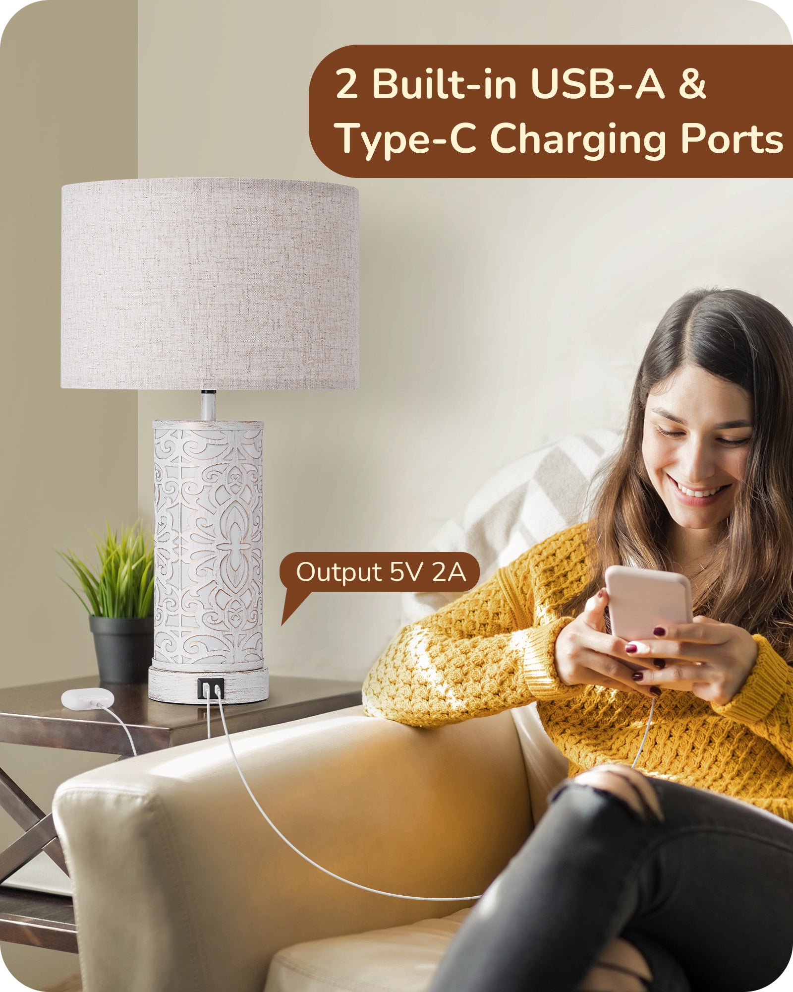 EDISHINE 21.65" 3-Way Dimmable Farmhouse Table Lamp with Night Light (2 Pack)-HLTL09D