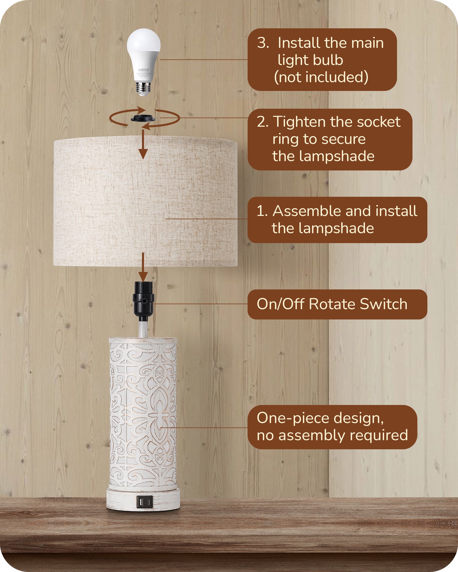 EDISHINE 21.65" 3-Way Dimmable Farmhouse Table Lamp with Night Light (2 Pack)-HLTL09D