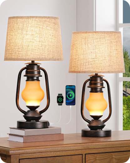 EDISHINE 21.65" Farmhouse Table Lamp with LED Lantern Night Light (2 Pack)-HLTL09E