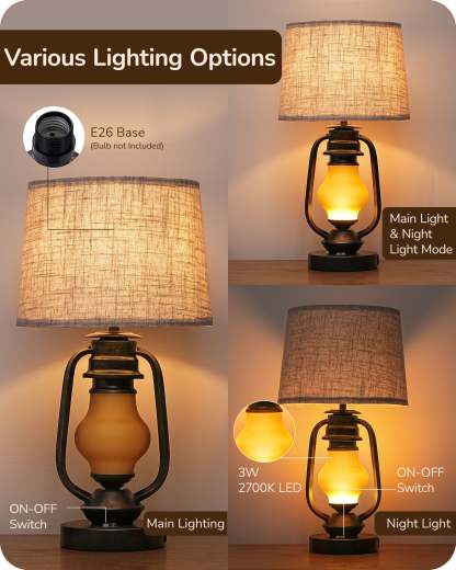 EDISHINE 21.65" Farmhouse Table Lamp with LED Lantern Night Light (2 Pack)-HLTL09E