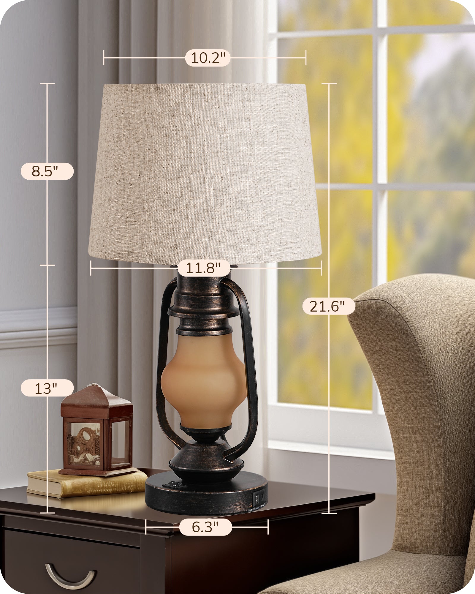 EDISHINE 21.65" Farmhouse Table Lamp with LED Lantern Night Light (2 Pack)-HLTL09E
