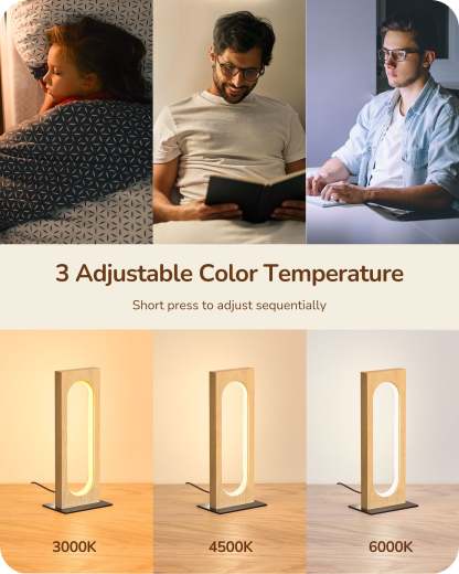 EDISHINE LED Table Lamp, 3 Color Temperatures, Dimmable, Touch Control,Memory Function, Original Wood Color-HLTL12H