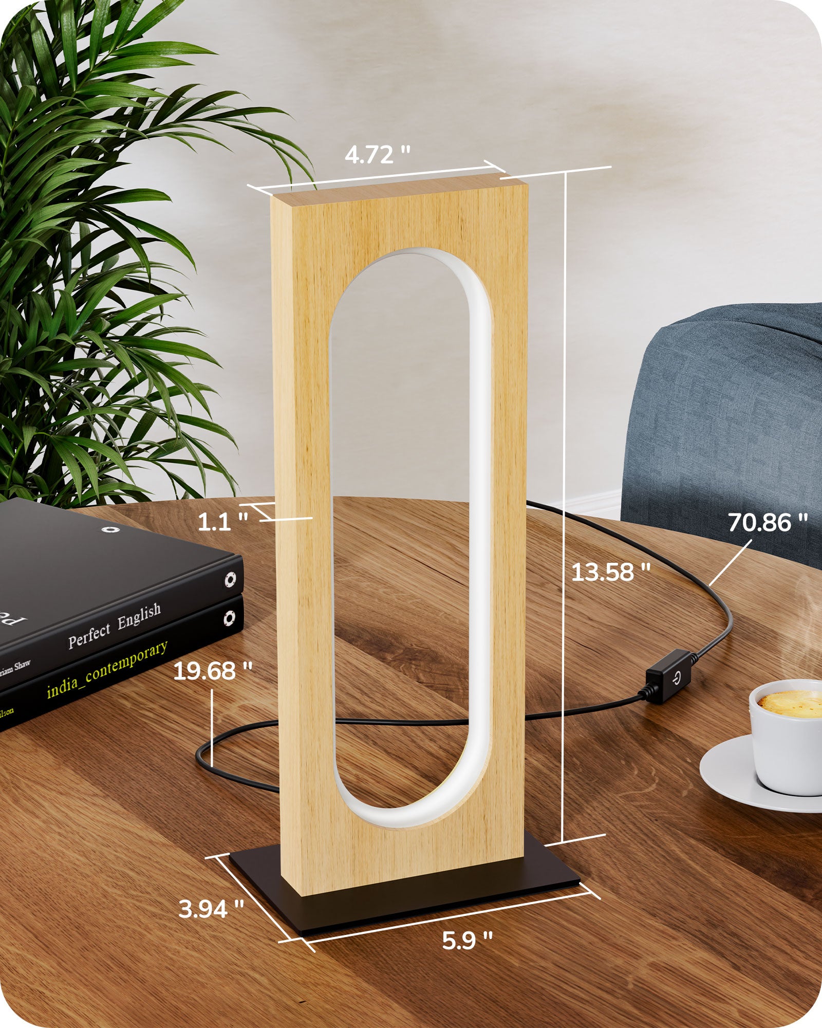EDISHINE LED Table Lamp, 3 Color Temperatures, Dimmable, Touch Control,Memory Function, Original Wood Color-HLTL12H