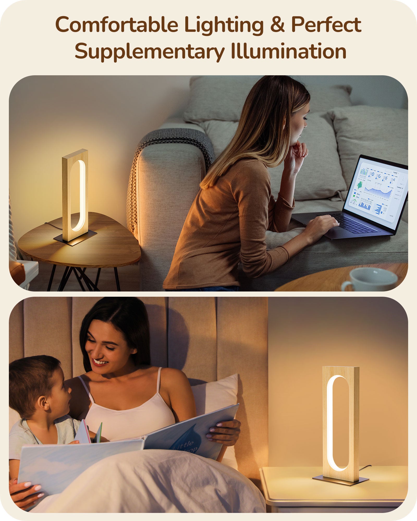 EDISHINE LED Table Lamp, 3 Color Temperatures, Dimmable, Touch Control,Memory Function, Original Wood Color-HLTL12H