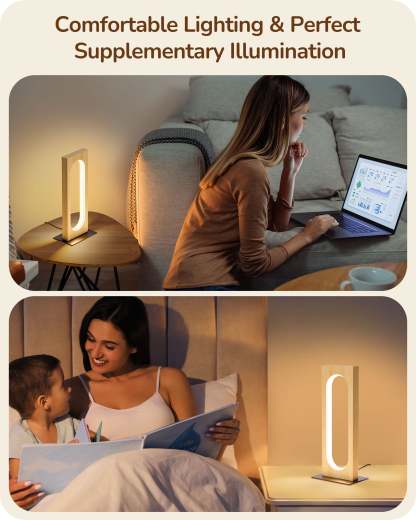 EDISHINE LED Table Lamp, 3 Color Temperatures, Dimmable, Touch Control,Memory Function, Original Wood Color-HLTL12H