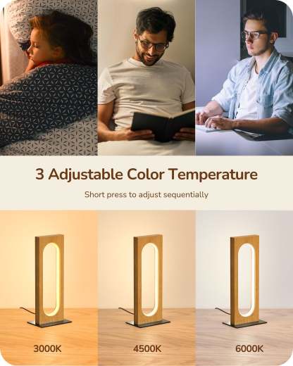 EDISHINE LED Table Lamp, 3 Color Temperatures & Dimmable, Touch Control, Memory Function, Dark Pearwood Color-HLTL12J