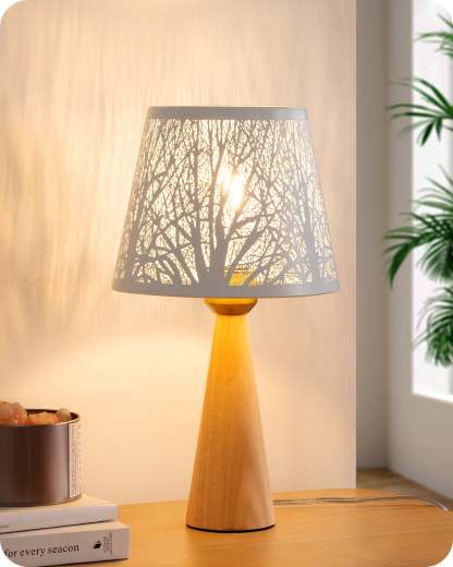 EDISHINE 13.58" Small Table Lamp, with Tree Hollowed Iron Lampshade, ON-OFF Switch, E26 Socket, Original Wooden Color-HLTL15A
