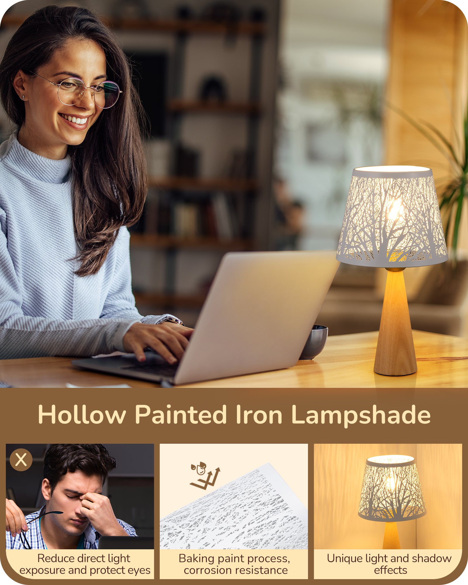 EDISHINE 13.58" Small Table Lamp, with Tree Hollowed Iron Lampshade, ON-OFF Switch, E26 Socket, Original Wooden Color-HLTL15A