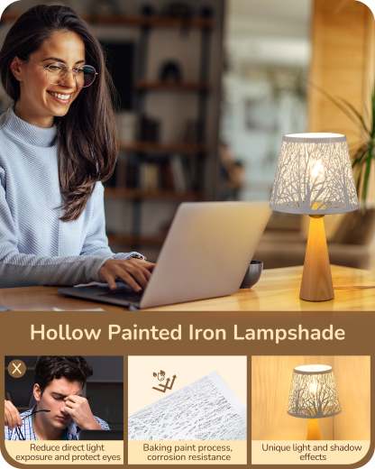 EDISHINE 13.58" Small Table Lamp, with Tree Hollowed Iron Lampshade, ON-OFF Switch, E26 Socket, Original Wooden Color-HLTL15A