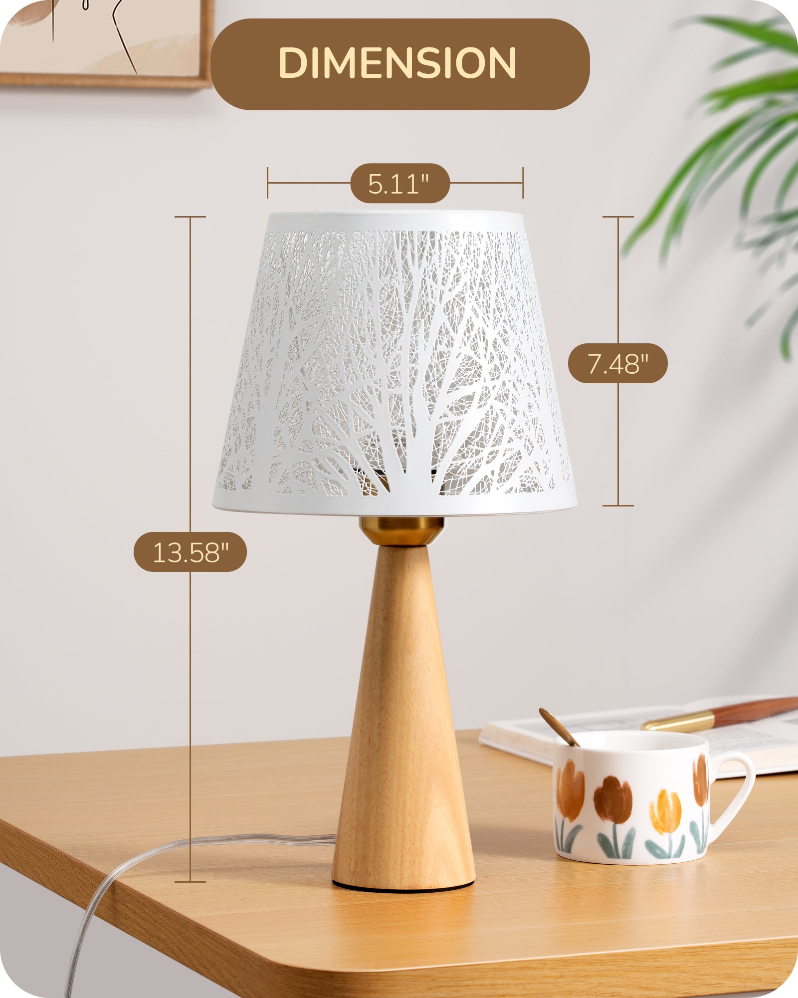 EDISHINE 13.58" Small Table Lamp, with Tree Hollowed Iron Lampshade, ON-OFF Switch, E26 Socket, Original Wooden Color-HLTL15A