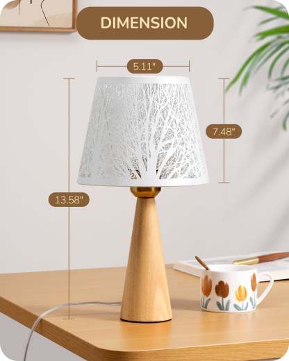 EDISHINE 13.58" Small Table Lamp, with Tree Hollowed Iron Lampshade, ON-OFF Switch, E26 Socket, Original Wooden Color-HLTL15A