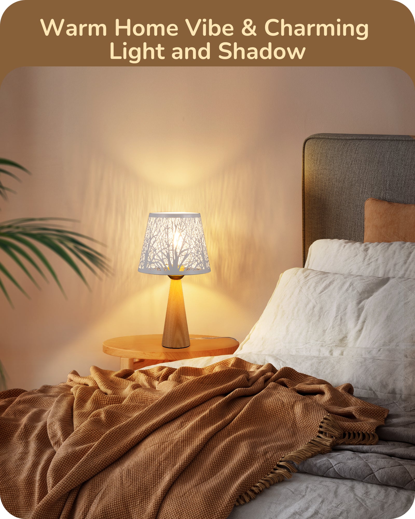 EDISHINE 13.58" Small Table Lamp, with Tree Hollowed Iron Lampshade, ON-OFF Switch, E26 Socket, Original Wooden Color-HLTL15A