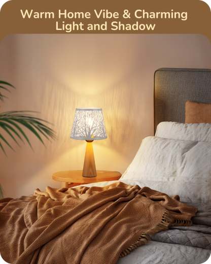 EDISHINE 13.58" Small Table Lamp, with Tree Hollowed Iron Lampshade, ON-OFF Switch, E26 Socket, Original Wooden Color-HLTL15A