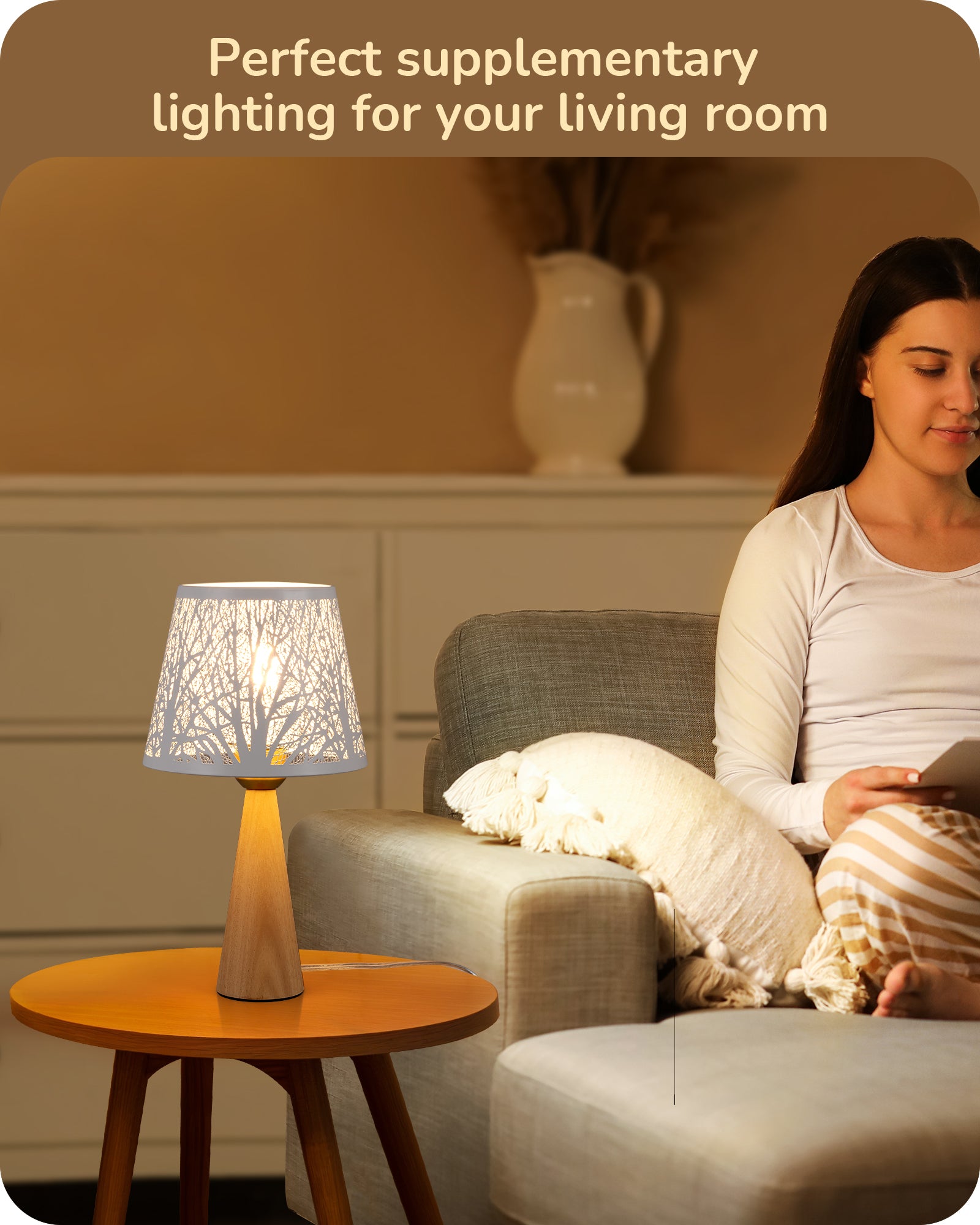 EDISHINE 13.58" Small Table Lamp, with Tree Hollowed Iron Lampshade, ON-OFF Switch, E26 Socket, Original Wooden Color-HLTL15A