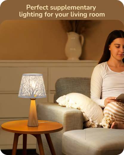 EDISHINE 13.58" Small Table Lamp, with Tree Hollowed Iron Lampshade, ON-OFF Switch, E26 Socket, Original Wooden Color-HLTL15A