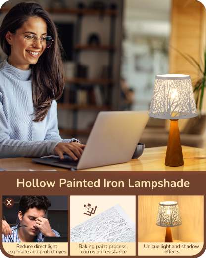 EDISHINE 2 Pack 13.58" Small Table Lamp, with Tree Hollowed Iron Lampshade, ON-OFF Switch, E26 Socket, Rosewood Color-ZHLTL15B2