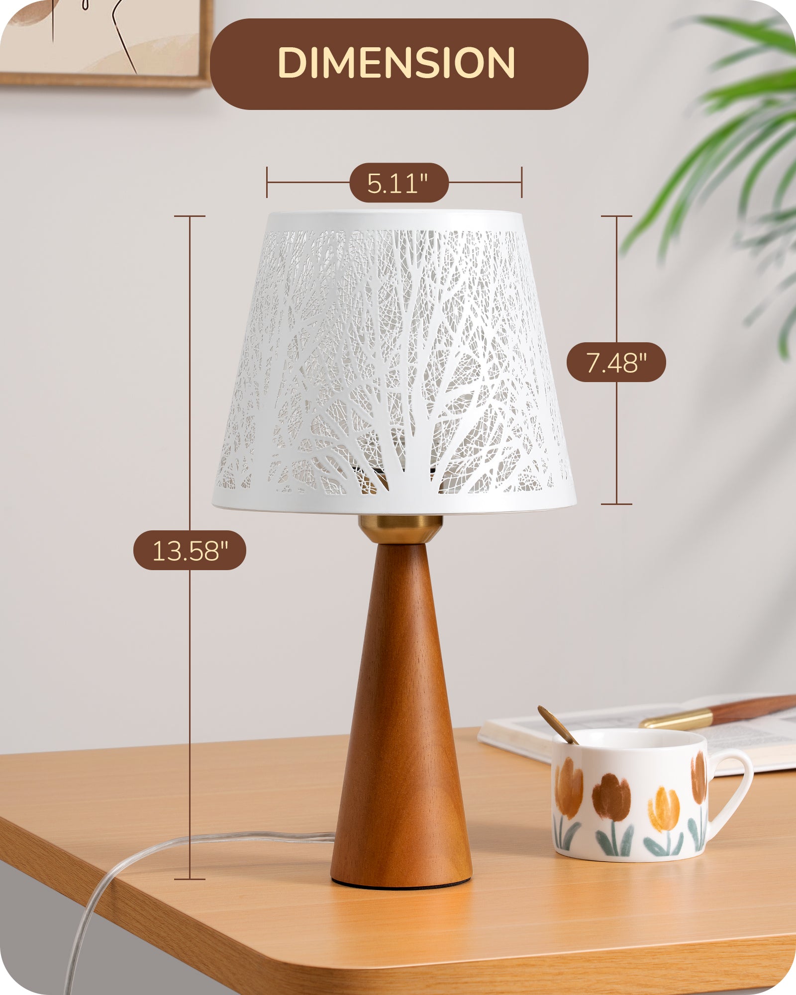 EDISHINE 2 Pack 13.58" Small Table Lamp, with Tree Hollowed Iron Lampshade, ON-OFF Switch, E26 Socket, Rosewood Color-ZHLTL15B2