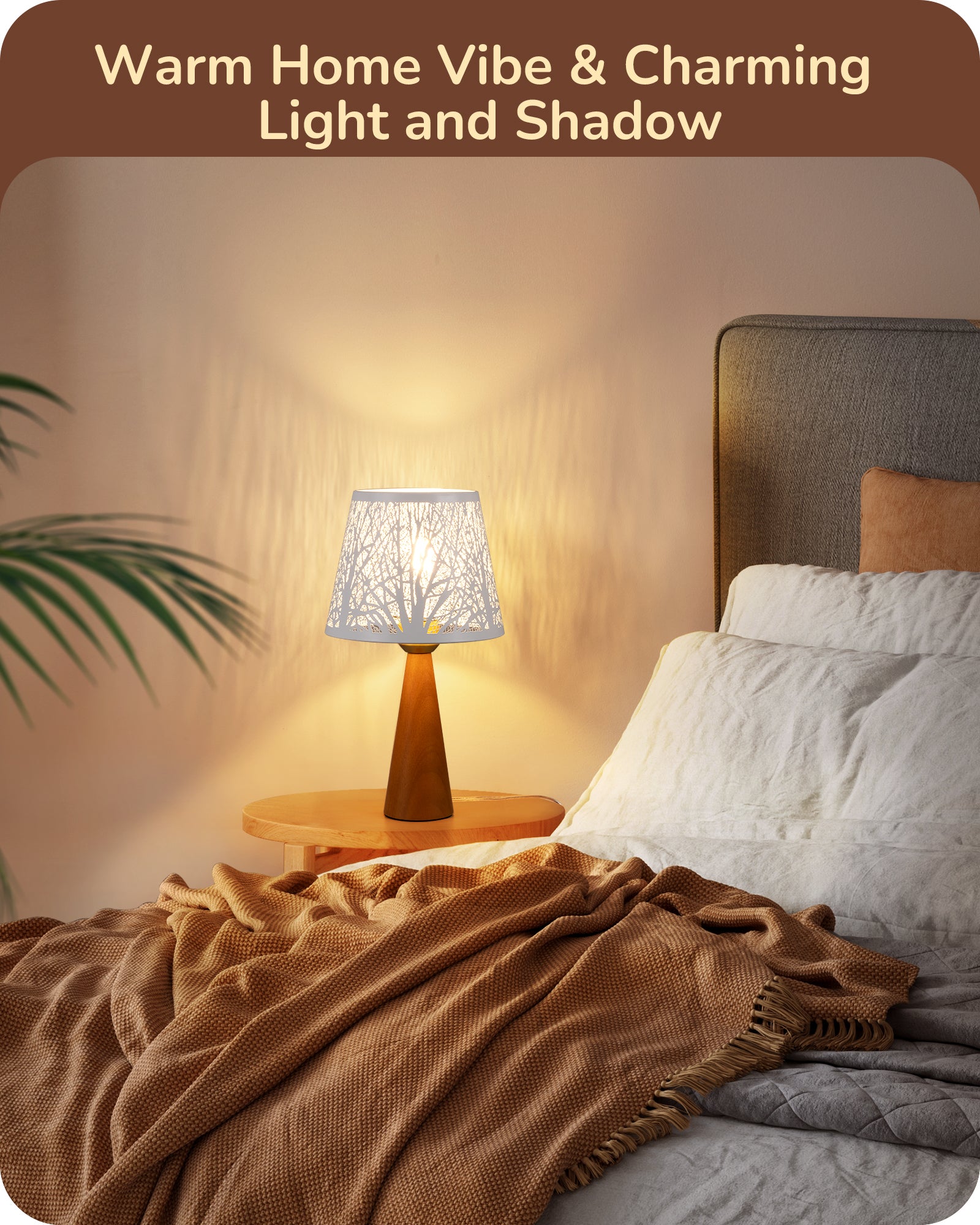 EDISHINE 2 Pack 13.58" Small Table Lamp, with Tree Hollowed Iron Lampshade, ON-OFF Switch, E26 Socket, Rosewood Color-ZHLTL15B2