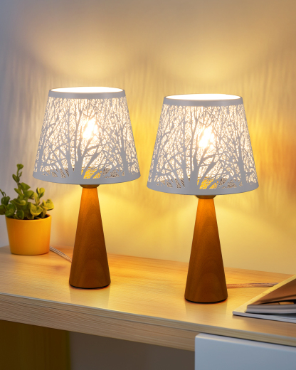 EDISHINE 2 Pack 13.58" Small Table Lamp, with Tree Hollowed Iron Lampshade, ON-OFF Switch, E26 Socket, Rosewood Color-ZHLTL15B2